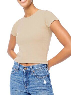 NWT J. Crew Cropped Cotton Ribbed Crewneck Stretchy Tee | Beige | XXS